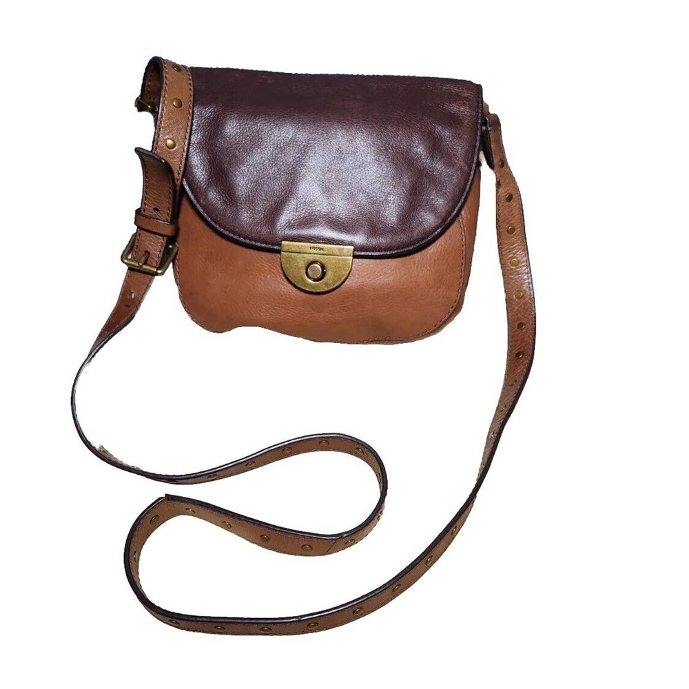 Fossil Women's Emi Leather Saddle Bags Two Tone Brown Purse Crossbody